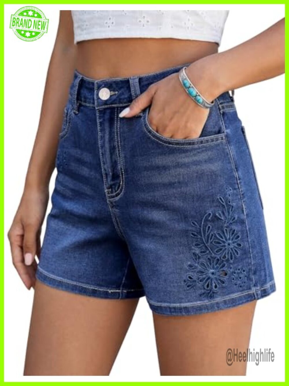 Womens High Waisted Eyelet Embroidered Jean Shorts Stretchy Wide Leg